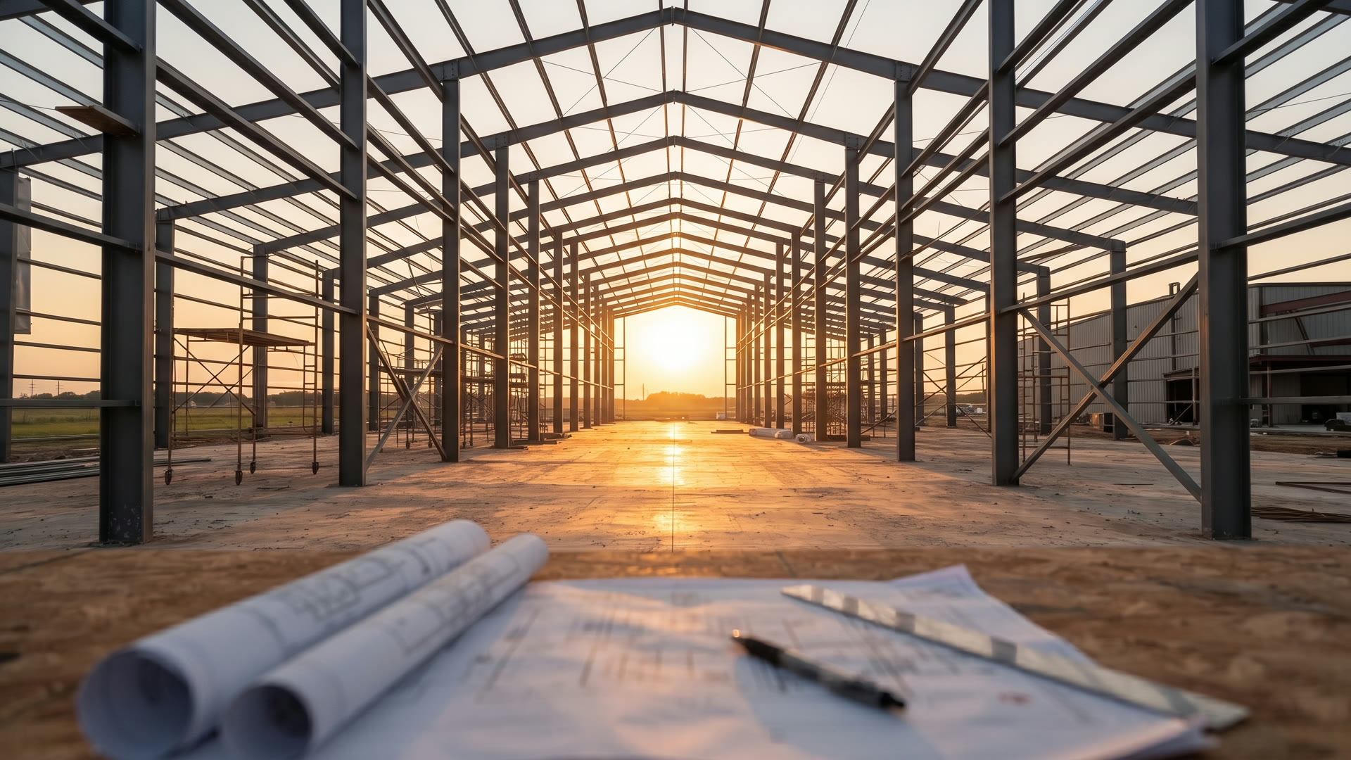 Imagen conceptual (IA): estructura de acero de una nave industrial en construcción al atardecer — ilustrativa, no es el Lote 17