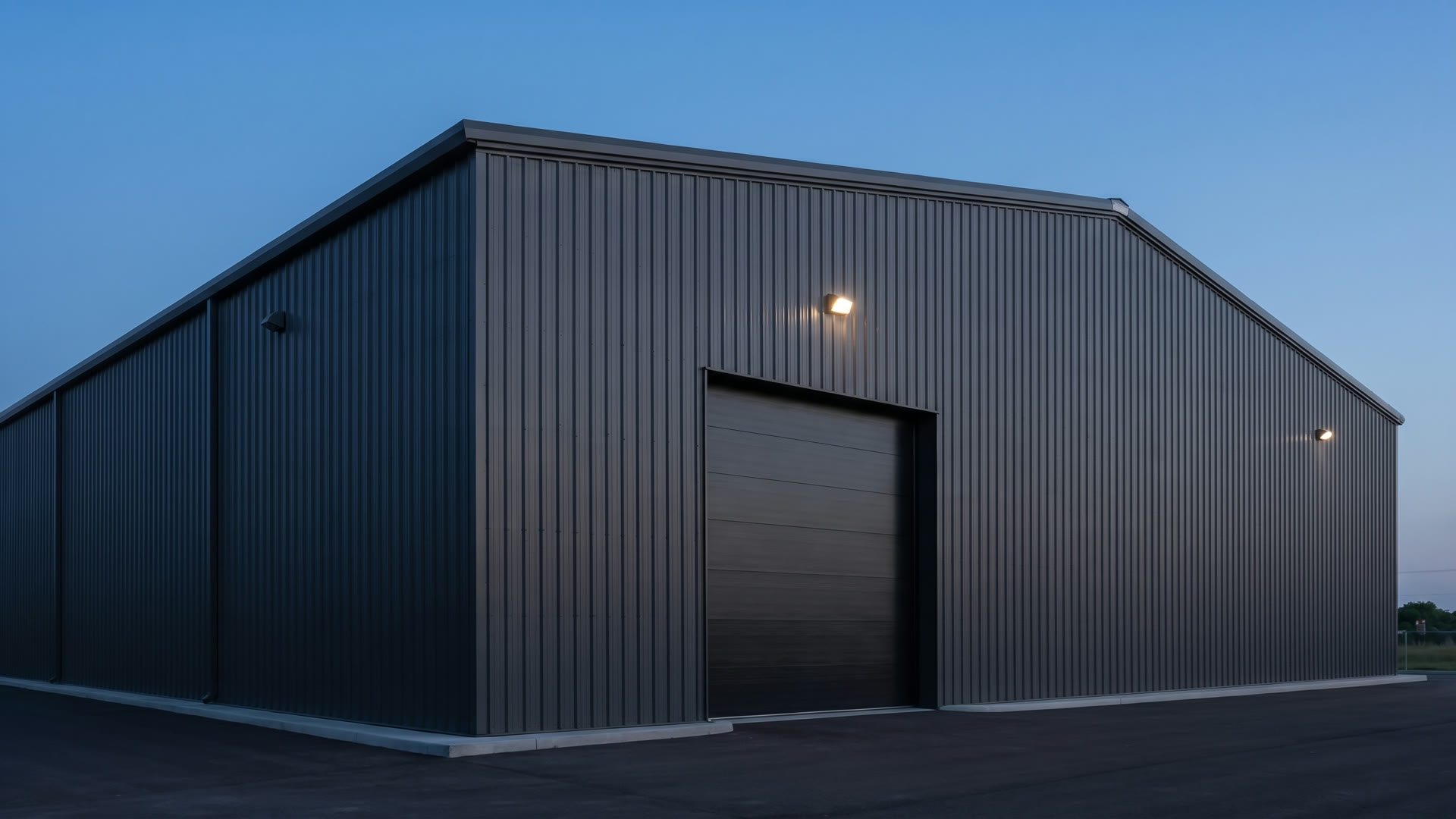 Imagen conceptual (IA): fachada de una nave industrial terminada al anochecer — ilustrativa, no es una construcción existente