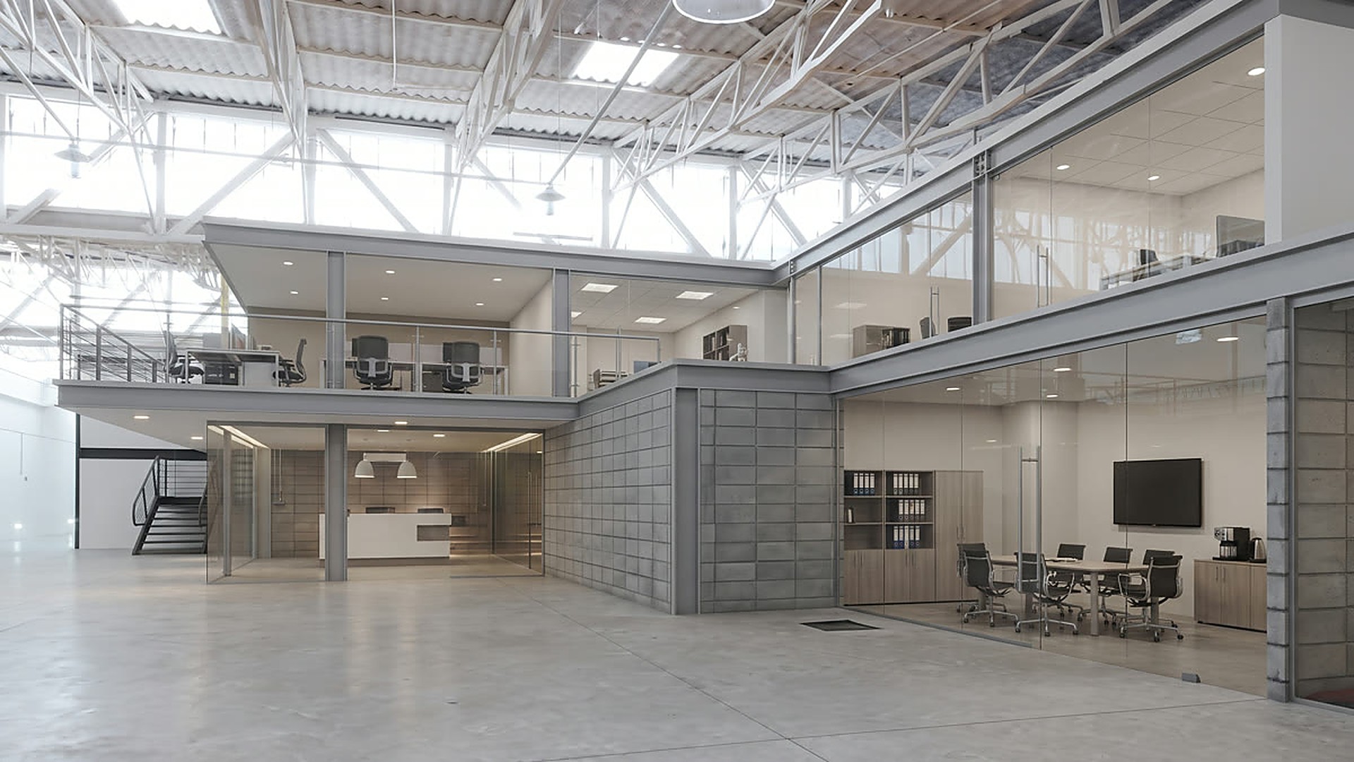 Imagen conceptual (IA): oficinas y sala de reuniones en mezzanine dentro de una nave industrial — ilustrativa, no es el Lote 17