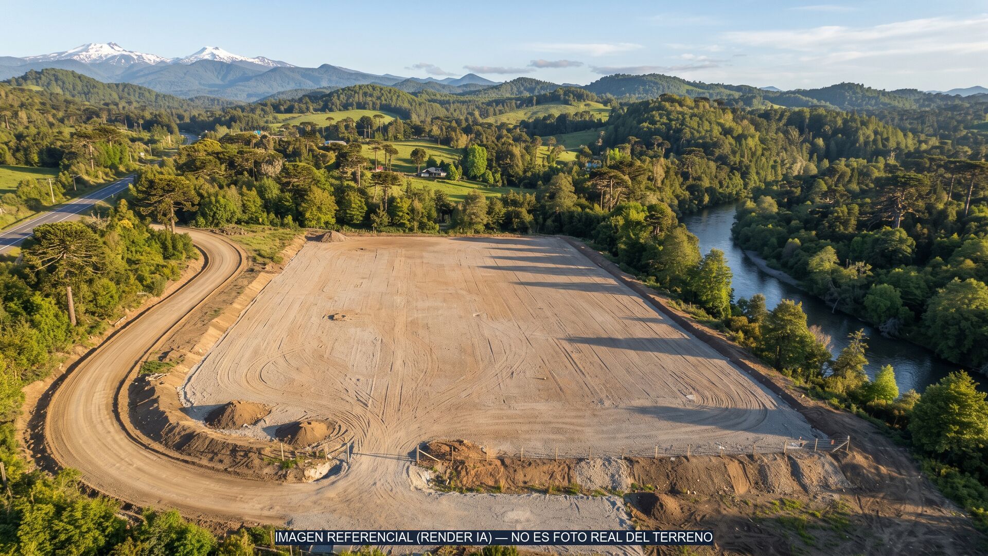 Render referencial (IA) de una vista aérea tipo del terreno — no es una fotografía real